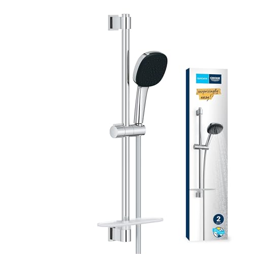 GROHE Vitalio Comfort 110, Ensemble de douche avec Douchette 2 jets, Barre de Douche 60cm, Flexible de douche 1,75m, Tablette, A coller avec GROHE QuickGlue ou...