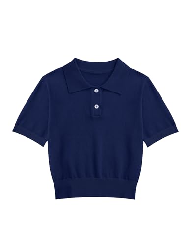 Image of Girls Short Sleeve Polo Shirt V Neck Button Down Shirts Summer Knit School Uniform Crop Tops