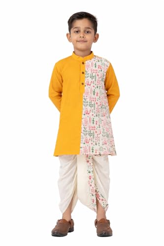 Image of Kids Ethnic Wear - Stylish Half Printed & Vibrant Color Pure Cotton Kurta with Elastic Waist Dhoti Set for Boys