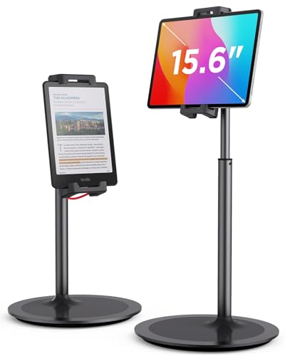 SAIJI Tablet Stand Holder, Extra-Height Adjustable Kindle Stand, 360 Degree Rotating iPad Holder, Aluminum Alloy Cradle Mount Dock for 4.7'-15.6' iPhone, Samsung, Tablets, Portable Monitor (Black)