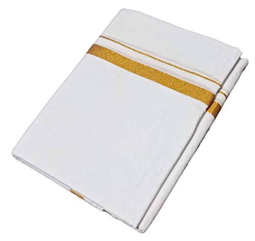 Image of SMT Traditional Men's Cotton Double Dhoti with Gold Border (White, Free Size )