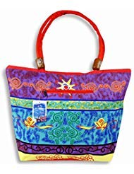 Waterproof Purple Blue Design on front side and Solid red on flip side Canvas Beach Bag Zipper Closure with Wood Balls 21 X 15 X 6"