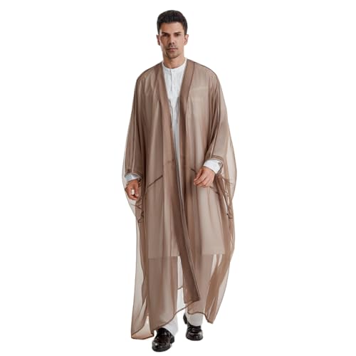 Muslim Men's Pure Color Long Sleeves Bisht Cardigan Robe Dubai Abaya (Coffee, Medium)