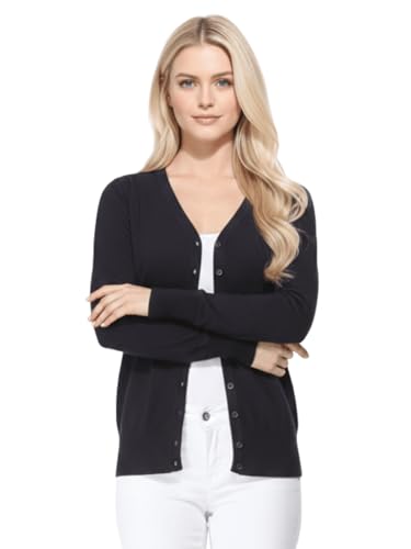 Image of YEMAK Women's Knit Cardigan Sweater - Long Sleeve V-Neck Basic Classic Casual Button Down Knitted Soft Lightweight Top