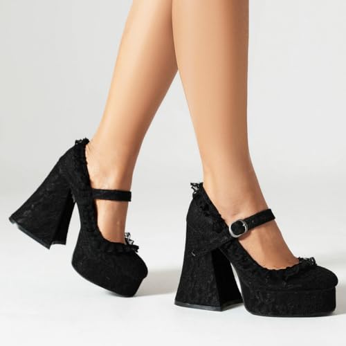 KOKOMOMO Womens Lace Flower Heels Goth Platform Shoes Chunky High Heel Mary Jane Heels Gothic Heels,Size 7 Black4