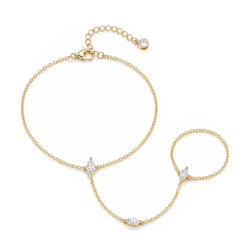 Gold Hand Chain Bracelets for Women Ring Bracelets Finger Chain 14K Gold Plated Dainty Marquise Cut Cubic Zirconia CZ Charm Stackable Link Chain Trendy Body Jewelry Gifts for Women