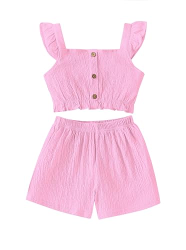 Image of Girl's Summer Clothing Sets Knit Ruffle Striped T-Shirt and Shorts 2 Piece Outfits