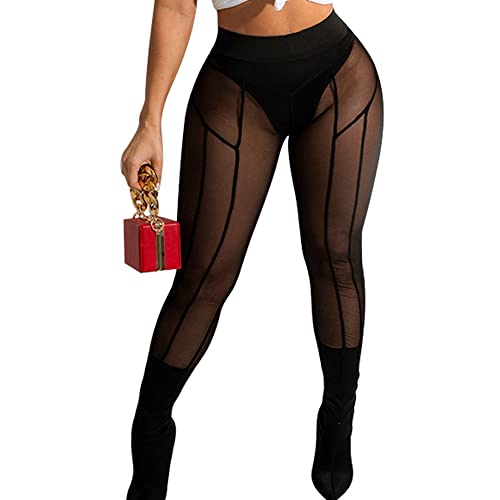 Women's Sexy See Through Sheer Mesh Pants Leggings High Waist Casual Sweatpants Tights