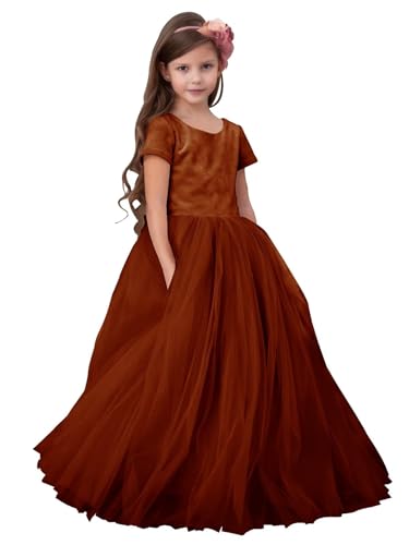 Velvet Tulle Flower Girl Dress for Wedding Short Sleeve Bow Knot Crew Neck Ball Gowns Long Puffy Princess Dresses