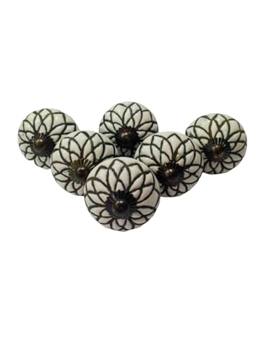Image of Vintage Ceramic Knobs for Kids and Kitchen Cupboards, Drawers, Wardrobes, PC Cabinets, Almirahs, Dressers, Decorative Pull Handles for Dressing Table and Home Decor - Set of 6 Antique Round