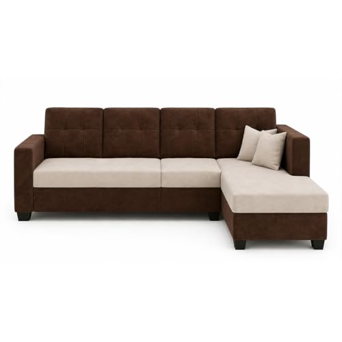 Image of FURNY Nathan 5 Seater L Shape Sofa Set RHS (Dark Brown-Cream) | Suede Velvet Finish | Durable Comfort Sofa for Modern Living Room & Office Spaces