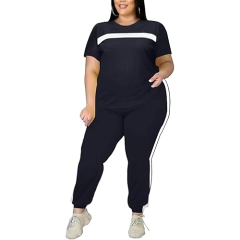 Remxi Women's Plus Size Two Piece Outfits For Women Summer Striped Short Sleeves Sweatsuits Tracksuit Jogger Sets Navy Blue 3XL Cover