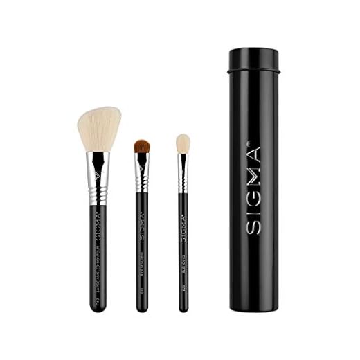 Sigma Beauty Travel Essential Trio - Juego de brochas de maquillaje para base de maquillaje en polvo, sombra de ojos, 3 brochas de herramientas con soporte de lata para pinceles, seguras para la piel,