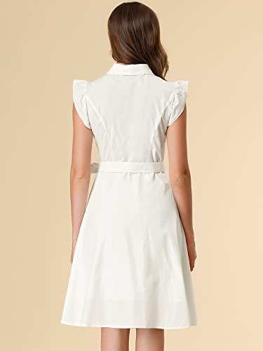 Image of Allegra K Women's Ruffled Sleeve Casual Office Dress Tie Waist Button Down Cotton Shirt Dresses X-Large White
