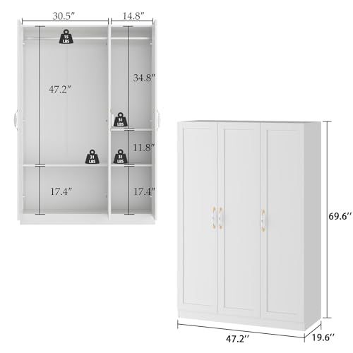 AIEGLE 3 Doors Wardrobe Armoire Closet, Large Freestanding Armoire Wardrobe Cabinet with Shelves & Hanging Rod, Bedroom Wood Clothes Storage Cabinet Organizer, White 47.2" Wide Type A - Image 3