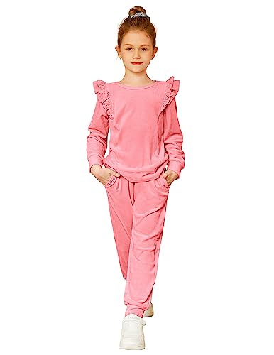 Arshiner Girls Velour Tracksuit Kids Sweatsuit Two Front Ruffles Track Suit Winter Clothes Cute Outfits 9-10 Years