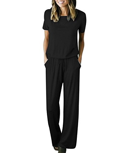Auxo Casual Jumpsuits for Women Summer Short Sleeve Loose Wide Legs Long Romper with Pockets Black L