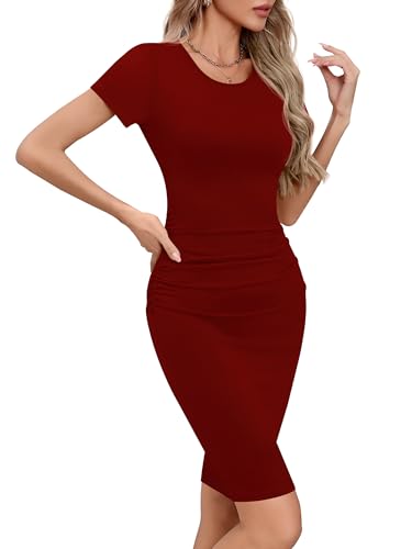 Image of Missufe Women's Long Sleeve Slim Ruched Bodycon Dress 2025 Trendy Fall Casual Round Neck Sheath Knee Length Outfits Clothes