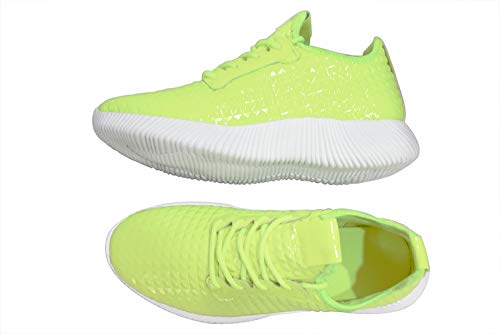 Roxy Rose Women Metallic Leather Sneaker Lightweight Quilted Lace Up Pyramid Studded (Neon Green,6 B(M) Us) #TOP1