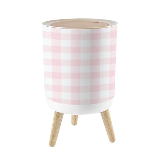 Pequeño bote de basura redondo con tapa y patas de madera