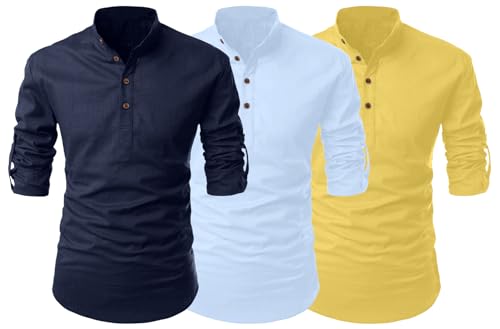 Image of FINIVO FASHION Combo of Men's Cotton Blend Solid Regular Fit Full Sleeve Straight Short Kurta Shirt, Casual and Formal Wear