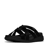 FitFlop Women's F-Mode Go Webbing Flatform Strappy Slides Wedge Sandal, All Black, 8