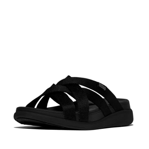 FitFlop Women's F-Mode Go Webbing Flatform Strappy Slides Wedge Sandal, All Black, 5