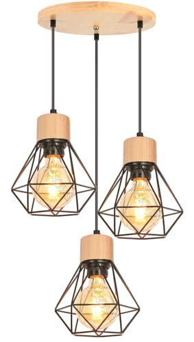 TOKIUS Lampe à Suspension E27 Industriel Plafonnier Rétro en Métal et Bois Ø160mm Lampe de plafond design pour Cuisine Salon (Bois - avec base)