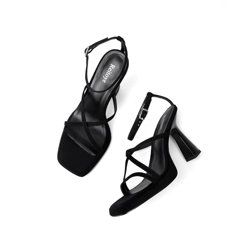 Image of Reitoye Strappy Heels for Women Platform Chunky Square Toe Heeled Sandals | Women's Heeled Sandals,Block High Heel,Adjustable Ankle Strap,All-Day Comfort Non-slip Sole,Party,Wedding,Prom Heels Shoes