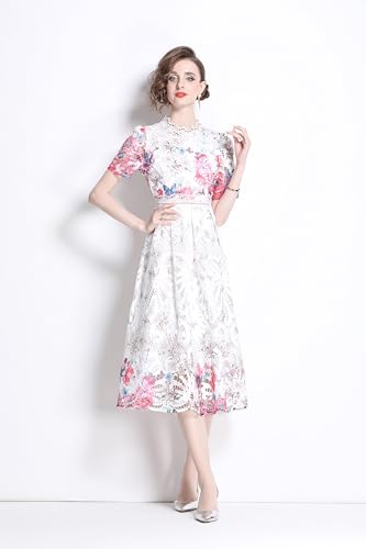 Image of LAI MENG FIVE CATS Women's Lace Floral Short Sleeve Crochet Waist Cocktail Midi Dress