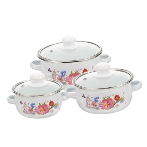 MUELODSIC 3 piezas Olla Esmaltada para Cocina con Tapa Resistente Altas Temperaturas Plano para Calentamiento Uniforme para Inducción y Estufas Eléctricas Diseño Aleatorio para Sopas y