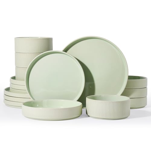 Image of Famiware Star Stoneware Dinnerware Sets with Pasta Bowls, 16pc Dishes for 4 | Ceramic Flat Plates and Double Bowls. Chip & Scratch Resistant. Microwave & Dishwasher Safe, Everyday Dining, Light Green