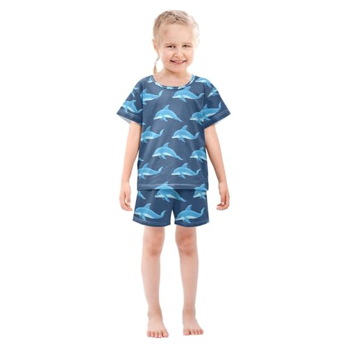 ALAZA Dolphin Navy Cartoon Pajamas Set Short Sleeve Cotton Sleepwear Summer Pjs 2 Piece 5-14Y3