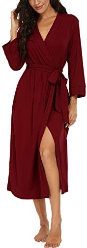 VINTATRE Women Kimono Robes Long Knit Bathrobe Lightweight Soft Knit Sleepwear V-neck Casual Ladies Loungewear Wine Red-Large