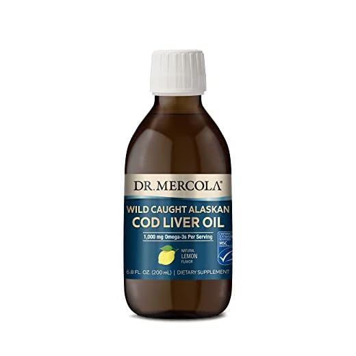 Dr. Mercola Cod Liver Oil, 1,000 mg Omega-3s Per Serving, 40 Servings (6.80 Fl. Oz.), Liquid Dietary Supplement, Natural Lemon Flavor, Supports Brain, Bone and Joint Health, Non-GMO, MSC Certified