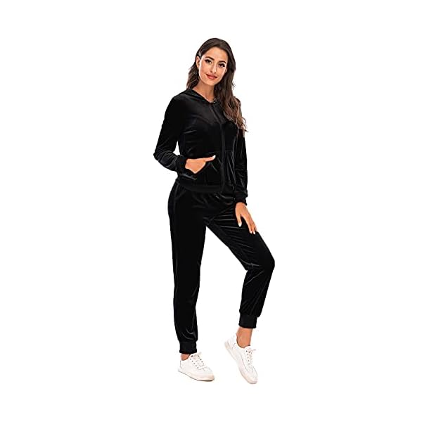 Womens 2 Piece Sportswear Long Sleeve Full-Zip Jacket Cozy Jogger Pants Velour Activewear Black L