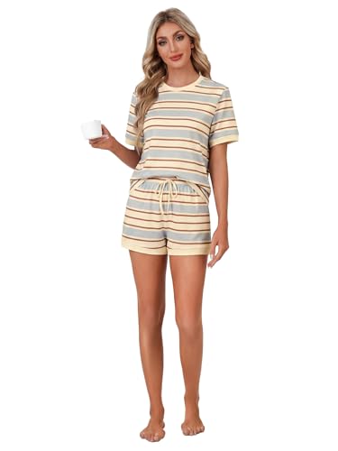 Image of LYANER Pajama Set for Women 2 Piece Lounge Set Striped Crew neck Short Sleeve Tops and Shorts Soft Sleepwear