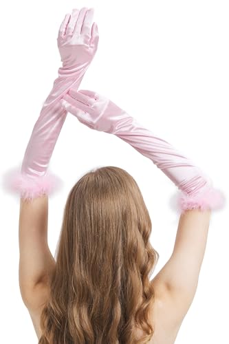 Long Pink Feather Gloves Women Costume Long Light Pink Satin Gloves with Feathers Elbow Length Opera Halloween Cosplay 1920s Gatsby Party Masquerade Balls Formal Evening Vintage Flapper Dress up