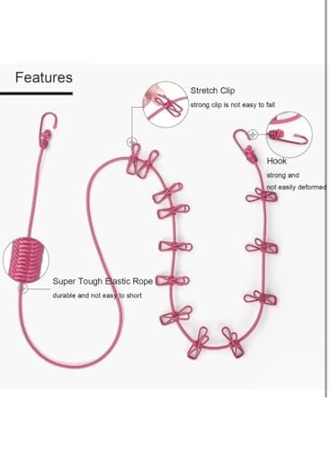 Image of eumqestoer Cloth Drying Rope with Hooks | Elastic Hanging Rope for Cloth Drying with 12 Clips | Cloth Rope for Drying Clothes for Travel Home Outdoor | Kapde Sukhane Ki Rassi | (Pack of 1)