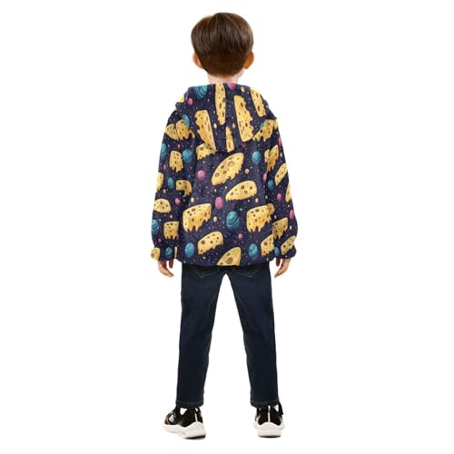 Cheese Slices and Planets Pattern Toddler Fleece Jacket Girl Boys Hooded Fleece Jacket Coat Warm Outwear Zip-up 3-10T4