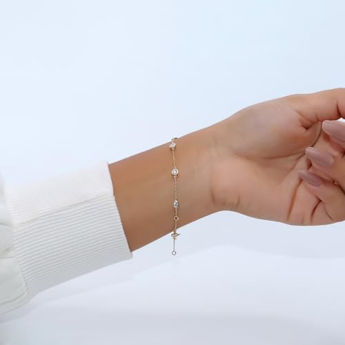 18K Gold Plated Five Stone Station Link Bracelet for Women| 3MM Moissanite Classic Tennis Bracelet | Bezel-Set 6" + 2" Adjustable Chain Bracelet (0.50 Cttw)3