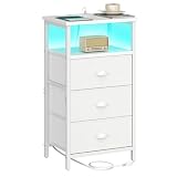 sthmec Nightstand with Charging Station,LED White Nightstand with 3 Fabric Drawers PU Finish, Bedside End Tables, 2-Tier Open Storage Shelf Side Table Nightstand with Drawers for Bedroom,White
