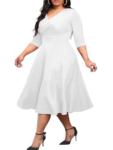 Image of Plus Size Dresses for Women A-Line V-Neck Swing Flowy 3 /4 Sleeve | 3 /4 sleeve,v neck,pockets,casual,cocktail,wedding,holiday,home,work,date party,vacation,outdoor