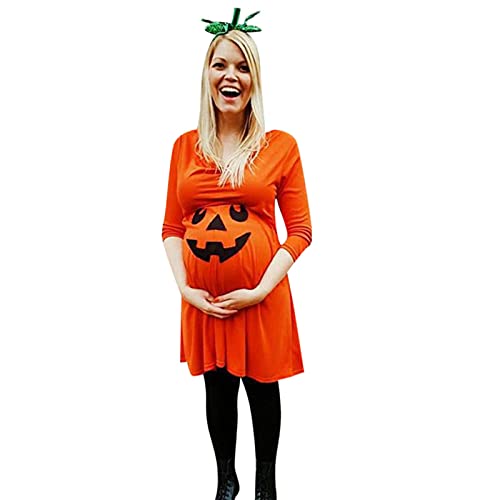 ADMAY 2024 - Mamá Mujer Calabaza Enfermería Maternidad Halloween Moda Vestidos Ropa Vestido de Maternidad Vestido Terciopelo Rojo Mujer (Orange, S)