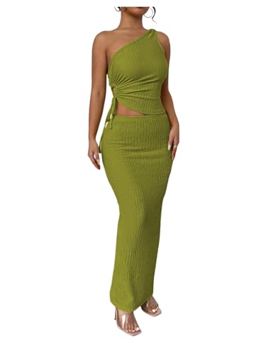 Floerns Women's 2 Piece Outfit Drawstring One Shoulder Tank Top Bodycon Long Skirts Set