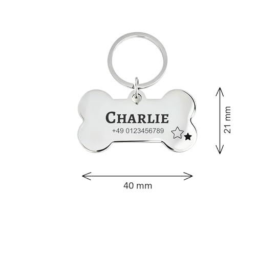 Hundemarke mit Gravur Personalisiert aus Edelstahl Hundeanhänger inkl. Schlüsselring - Namensschild für Halsband - Dog Tag Anhänger Marke für Hunde, Tiermarke für Katzen und Welpen (Knochen)