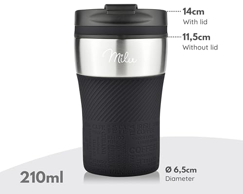 Milu Stainless Steel Vacuum Insulated Travel Coffee Mug 210ml, 100% Leak Proof Tumbler Keeps Cold and Warm, Double Walled Cup, Suitable for Coffee and Tea (Black)