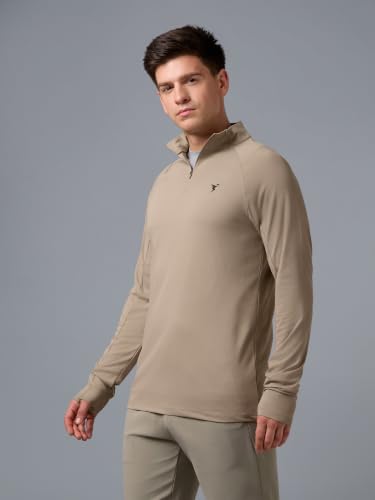 Image of TECHNOSPORT Men's Solid Quarter Zip Gym Slim Fit Active Sports T-Shirt with COTFLEX Full Sleeve Cotton Feel Polyester 4-Way Stretch Memory Fabric Lightweight Workout Running Training