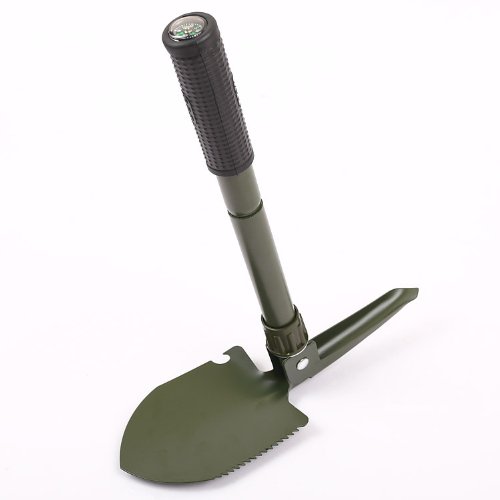 Novelty Camo Mini Folding Foldable Portable Outdoor Survival Shovel Spade Trowel Pickaxe with Pick Compass for Camping Hiking Home Garden w/ Carrying Bag (Army Green)