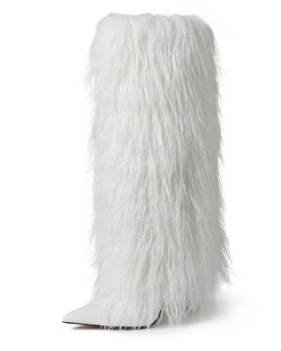 INSMIA Fur Wide Calf Knee High Boots Women Furry Fold Over Tall Boots
